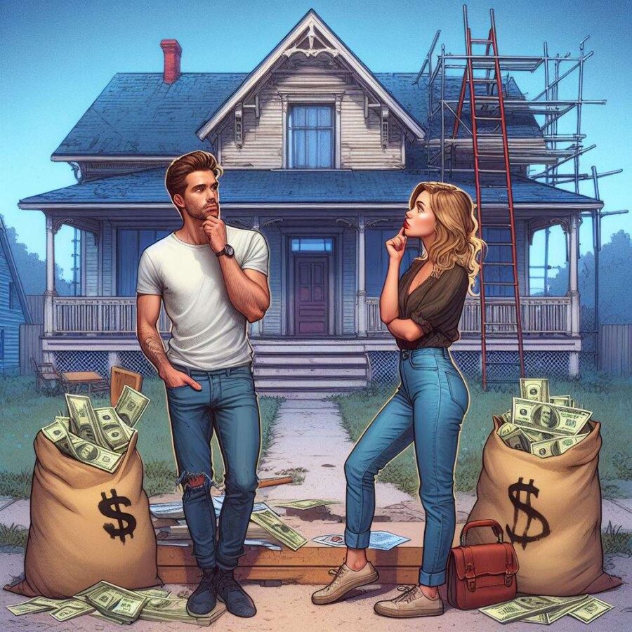 couple in front of a fixer upper with money bags on ground