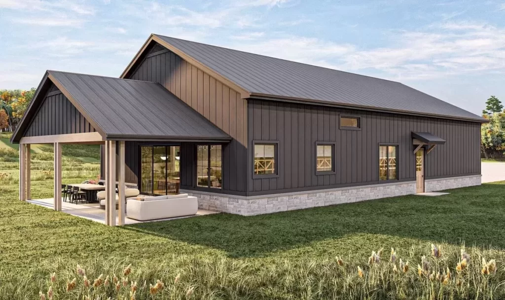 gray barndominium with covered porch