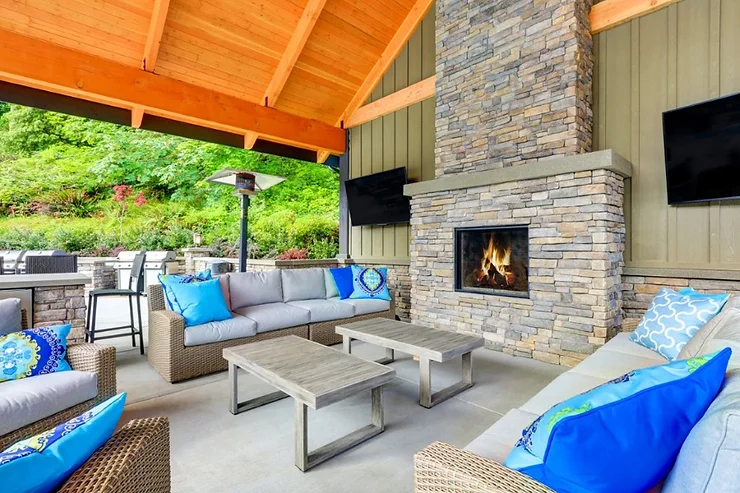 large outdoor patio with fireplace