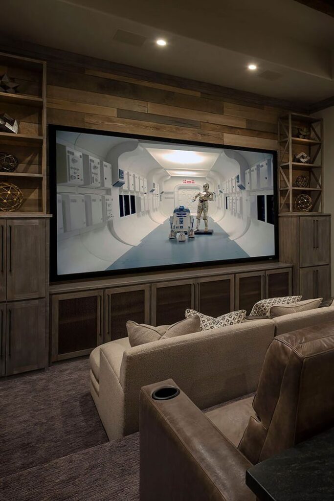 home theater room with big tv