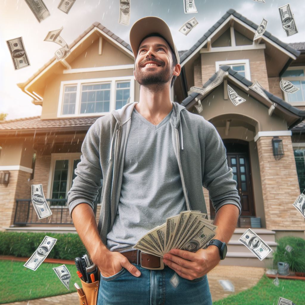 man in front of his fixer upper with money raining down
