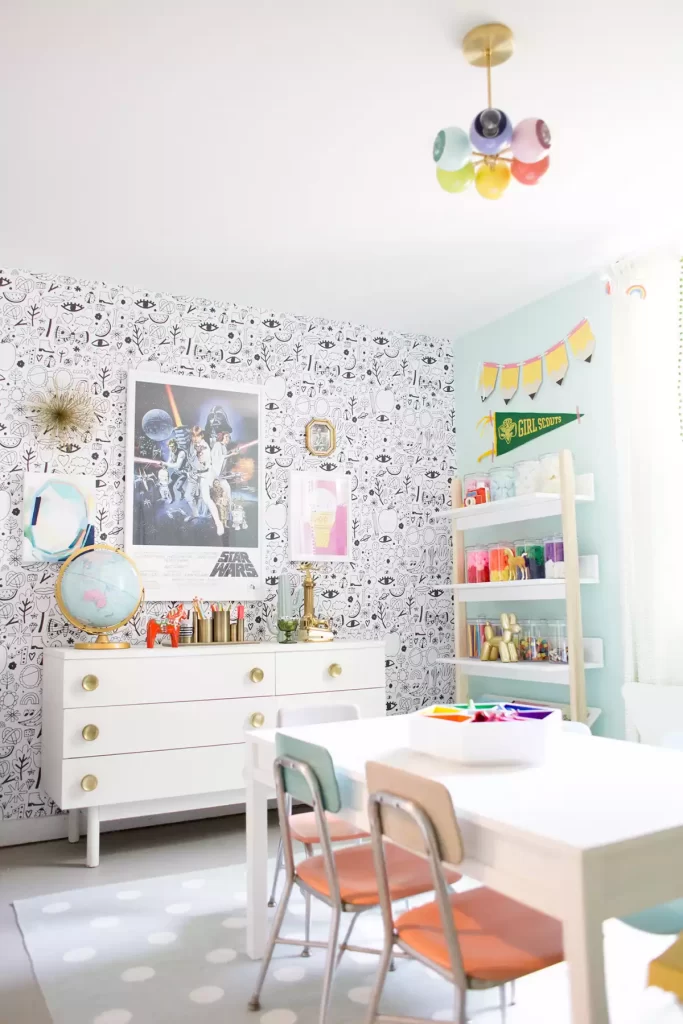 kids craft room with pinks and blues