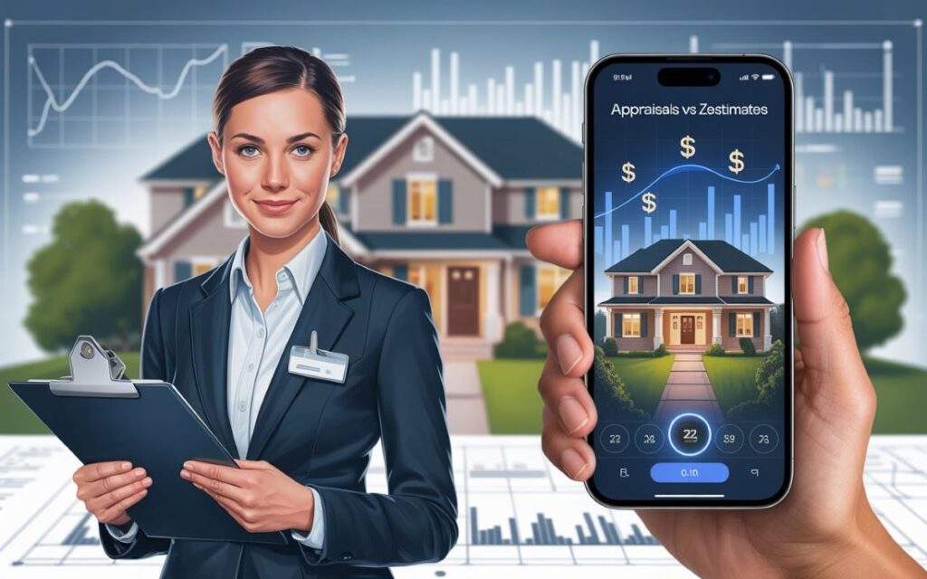 appraisals vs zestimates - an appraiser with split screen of zillow on iphone