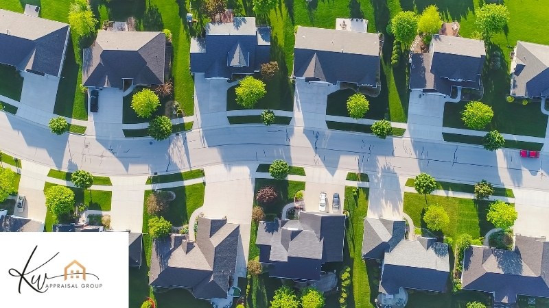 neighborhood smart ai home features- aerial view of homes