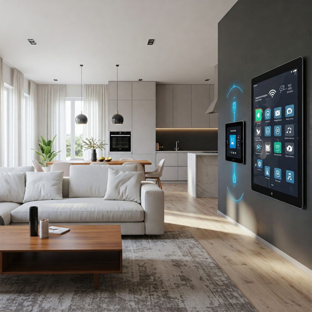 smart ai home - large screen control center smart ai home features - smart living room with large control screen