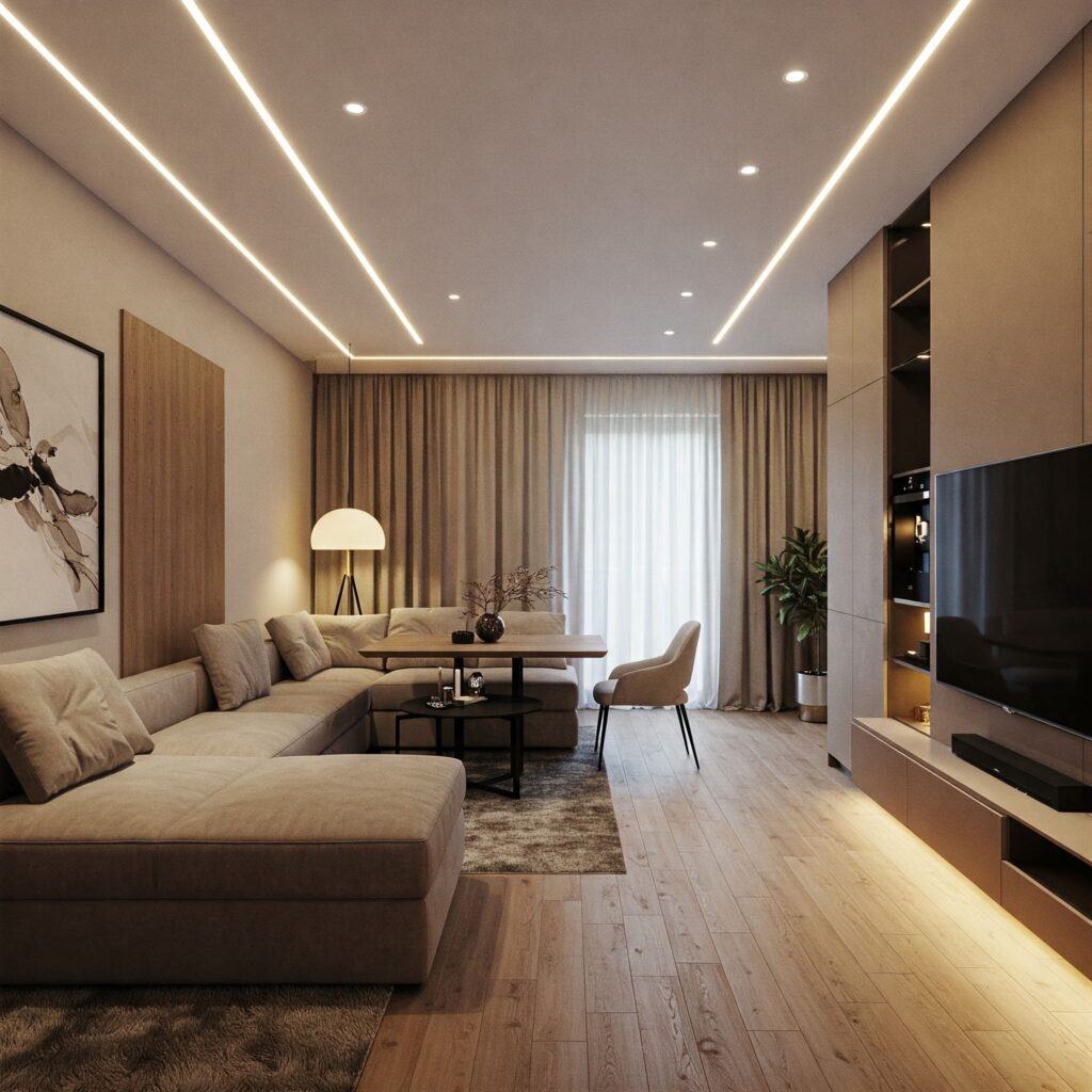 smart ai living room smart ai home features - a cozy living area with high tech entertainment