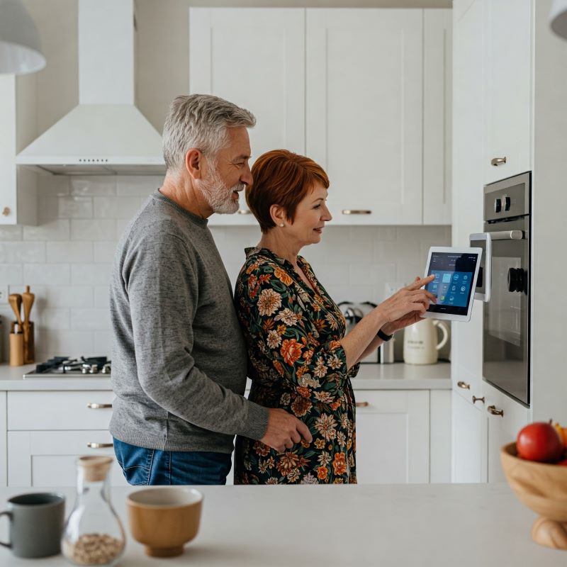 older couple ai smart features smart ai home features - an older couple using smart technology