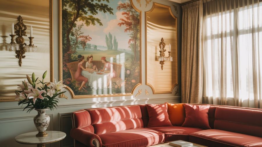 rococo velvet couch rococo wall mural with ornate sconces