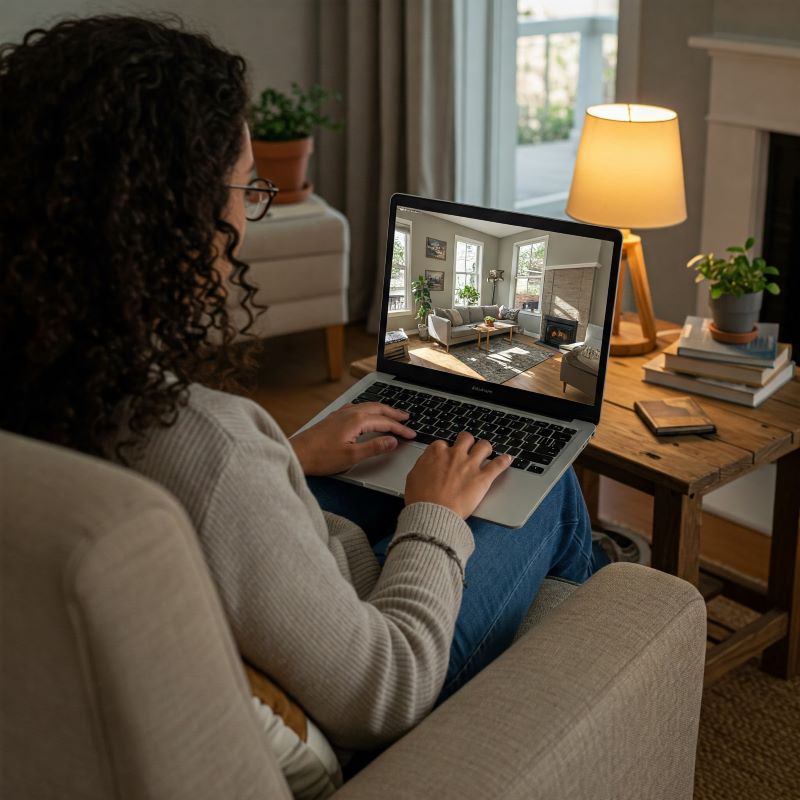 taking a virtual tour smart ai home features - a woman taking a virtual home tour