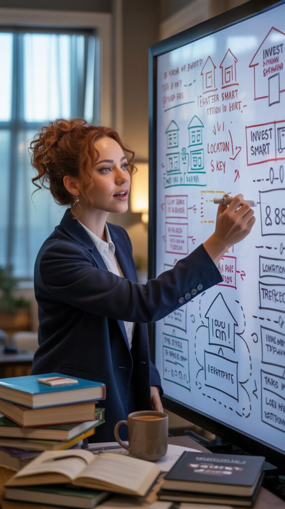 woman at whiteboard best time to invest in real estate - a woman looking at a filled whiteboard