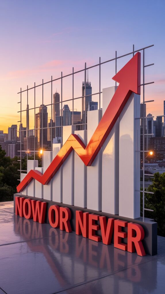now or never infograph best time to invest in real estate - a large arrow with a sign that says now or never