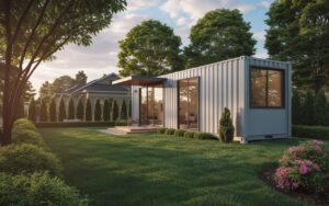 a container home used as an adu. larger house behind