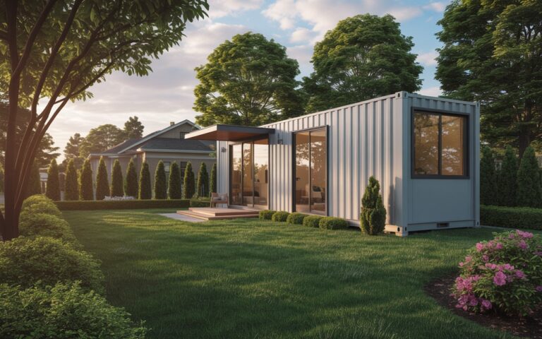 a container home used as an adu. larger house behind