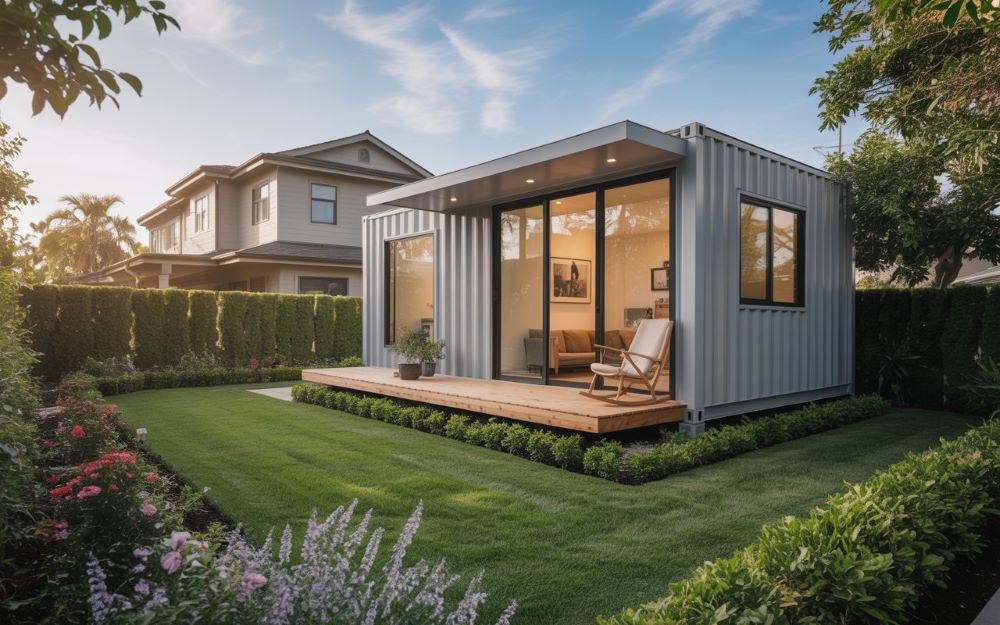 adu container home contianer home used as an adu, wood deck and large windows