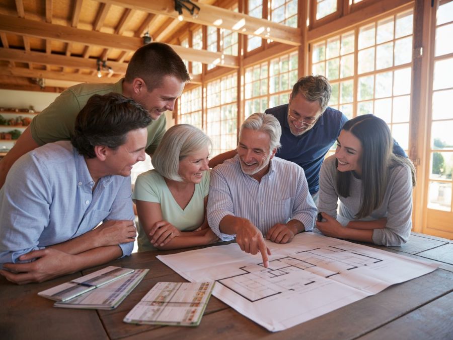 family barndominium plan finance a barndominium - family gathered around blueprints