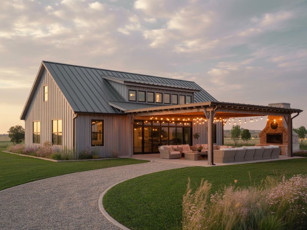 gray barndominium at sunset finaning a barndominium - gray barndominium at sunset