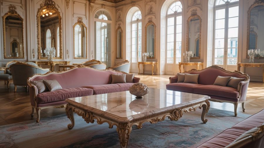 rococo interior design - large pink hued living room